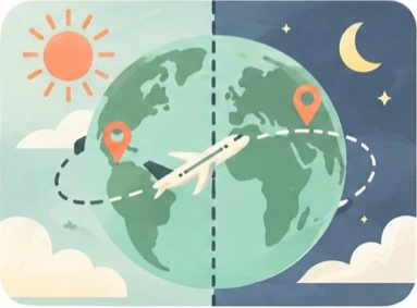 Reiseillustration zu Jetlag, Umstiege und Datumsgrenze