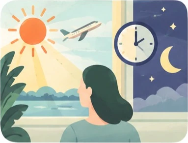 Reiseillustration zu Licht und Jetlag: Der Zeitpunkt zählt